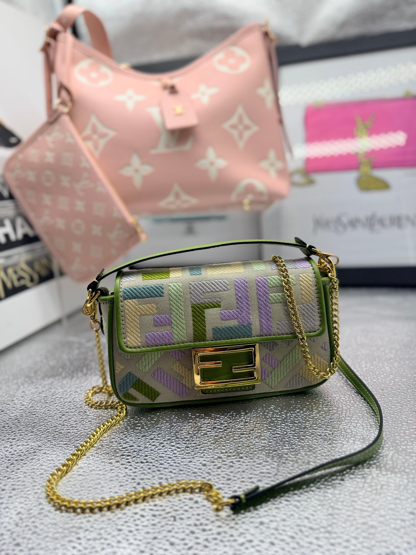 Multi color "F" bag
